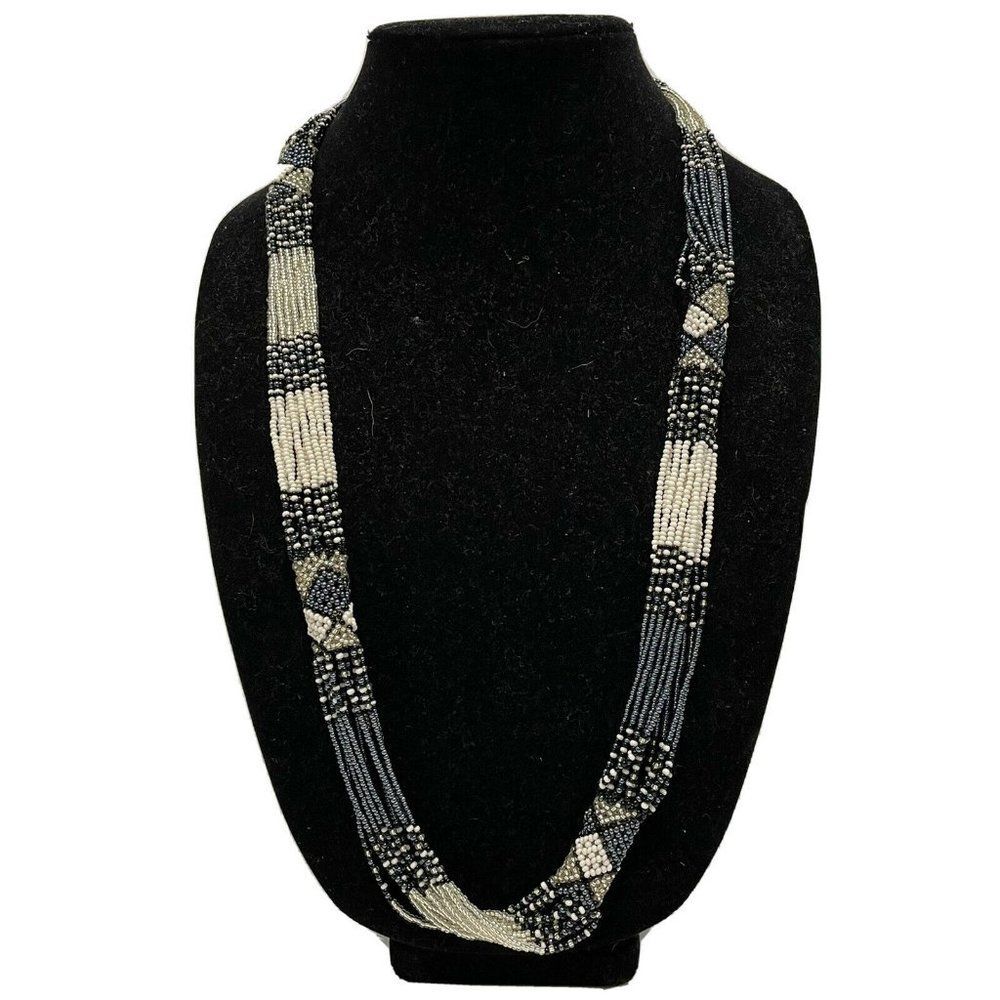artisan crafted seed bead Diamond tube beaded Multi-strand necklace Monochrome